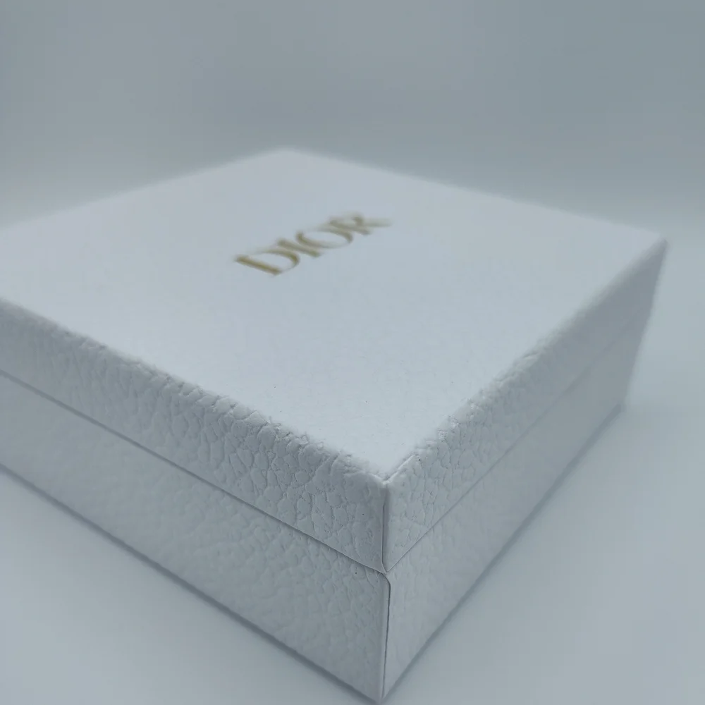 Dior Textured White Gift Box & Card Gold Logo 5x5 Hard Box Case Packaging NWOT